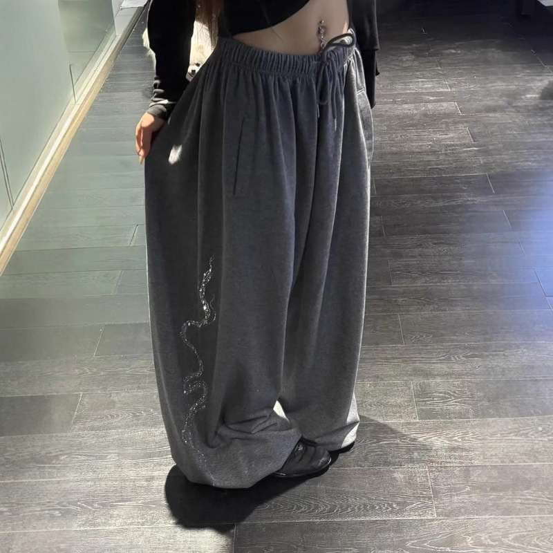 American Retro Design Snake Rhinestone Print Gray Casual Pants Unisex Loose Sweatpants Versatile Long Pants