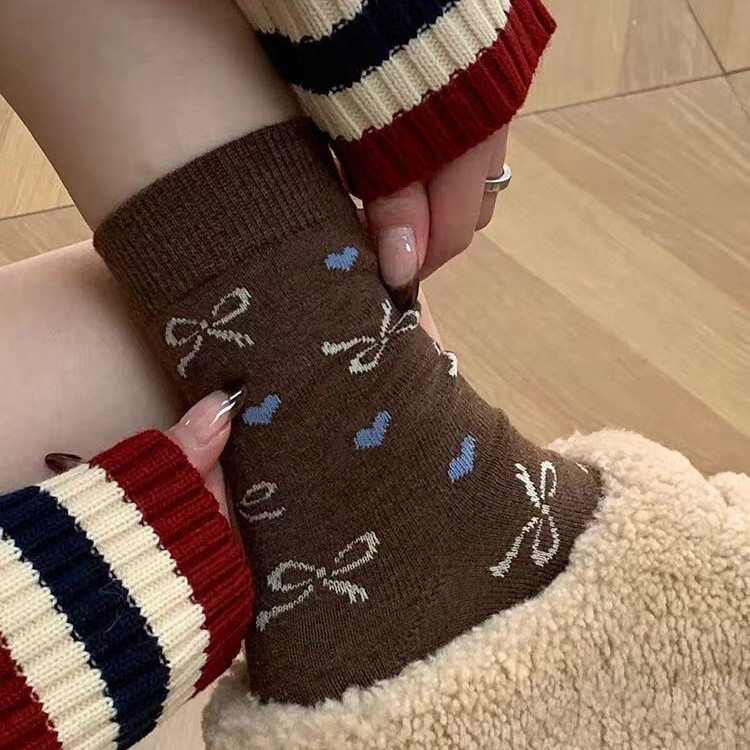 Autumn and Winter Melard Color Bow Wool Mid-Calf Socks Japanese Cute Polka Dot Slouch Socks Soft Seamless Women's Socks