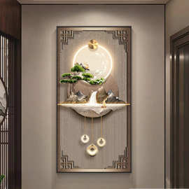 迎客松新中式入户玄关装饰画带led灯轻奢高级感入门走廊尽头挂画