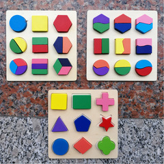 Children's Educational Geometric Shape Sorting Board, Matching and Division Puzzle, Montessori Wooden Building Blocks
