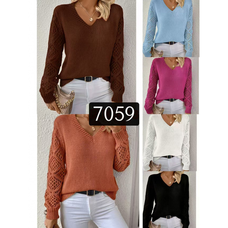 Primavera y otoño abrigo agujero jersey de punto suéter de mujer hookah de manga larga gancho flor Jacquard suelto V-collar bottom top transfronterizo