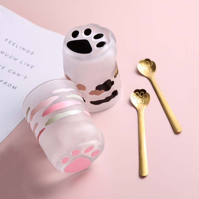Cartoon Couple Cute Cups Creative Gift Set Cat Paws Glass Cups for Girls and Children Breakfast Water Cups with Spoons Wholesale