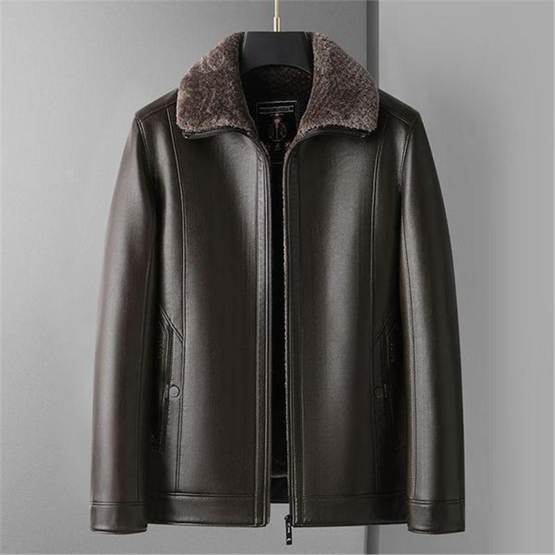 New Fur One Men's Leather Lapel Thickened Lined Thickened plus size Leather Jacket Casual Dad Leather Jacket