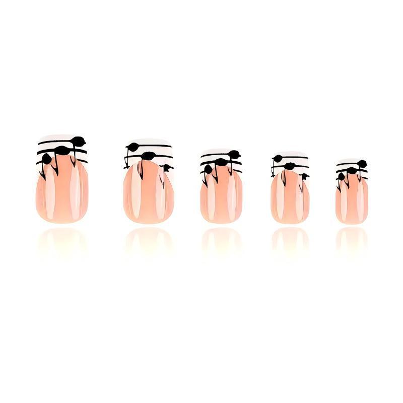 24Pcs Pink White Medium Square False Nails with Musical Note Pattern - Women and Girls Repeatable