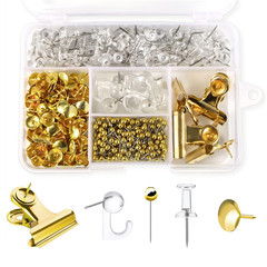 Amazon Bestseller Gold and Yellow Color Push Pin Set Map Pin Paper Clip Tail Clip Metal Binding Clip Five-Grid Box
