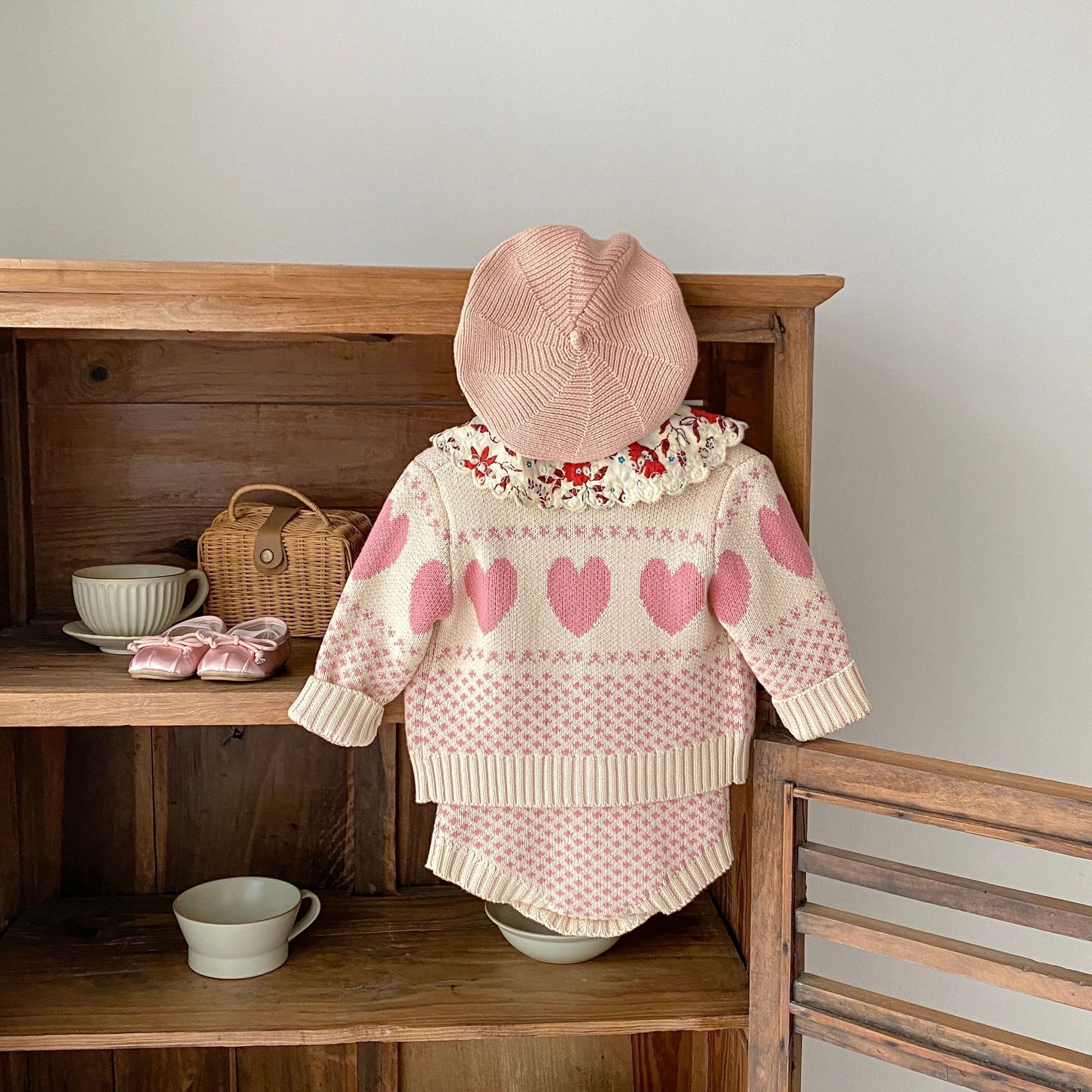 Kannerkleeder 2024 Hierscht nei Damen Schatzpullover Häerz Jacquard Zwee-Stéck Set, Ronn Hals Jackett+Schëller_voghion.com
