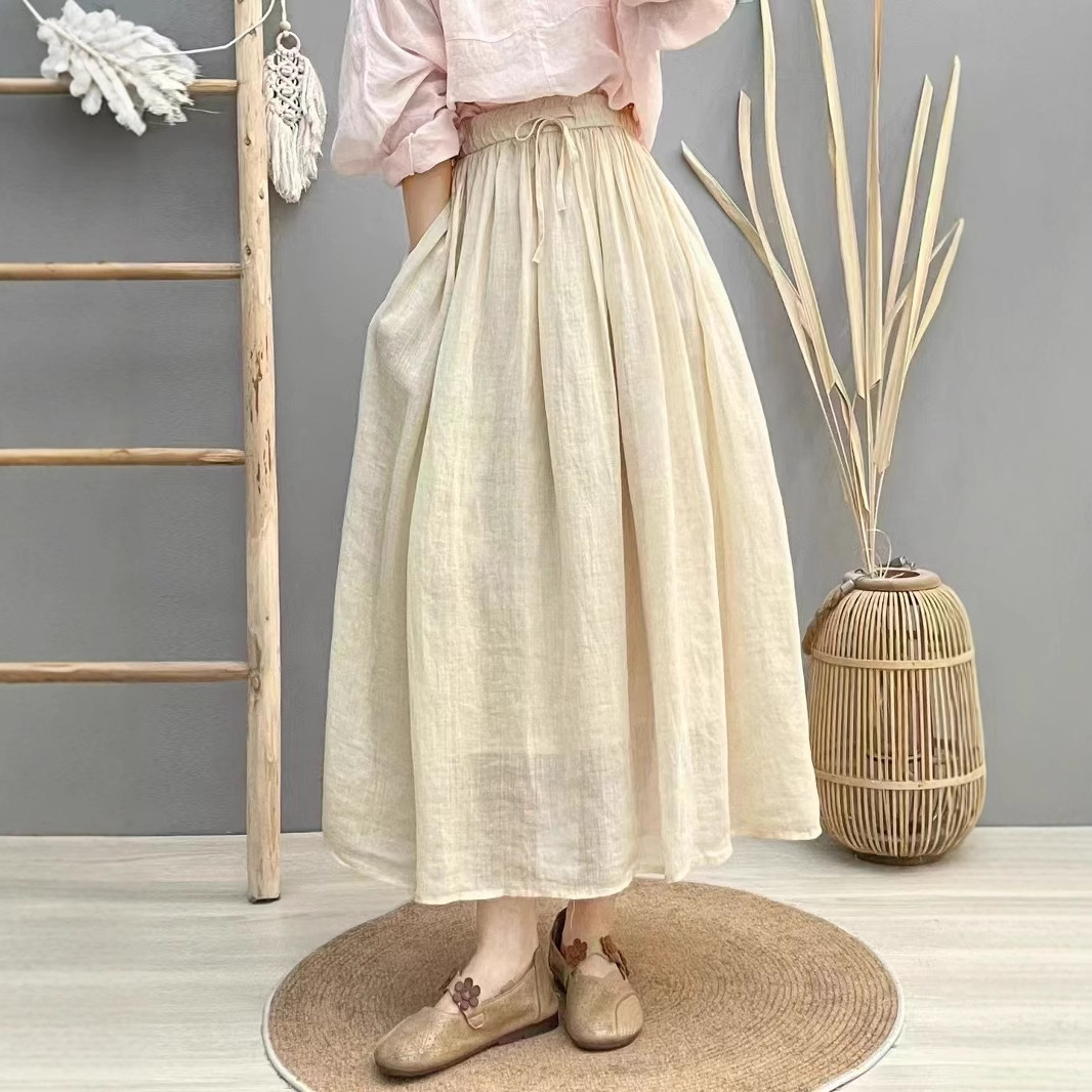 2025 Summer Artistic Ramie Double-Layer Skirt Artistic Style Casual Slimming Loose Double-Layer Elegant Mid-Length Skirt