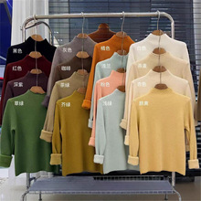 保暖加绒宽松半高领毛衣女加厚秋冬内搭一体绒针织打底衫几何图案