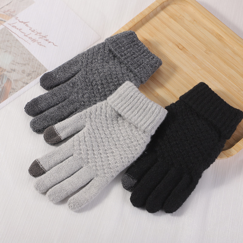 秋と冬のパイナップルスタイル模造カシミヤニット暖かいジャカードプラスベルベット厚みのある豪華な防寒タッチスクリーン手袋|undefined