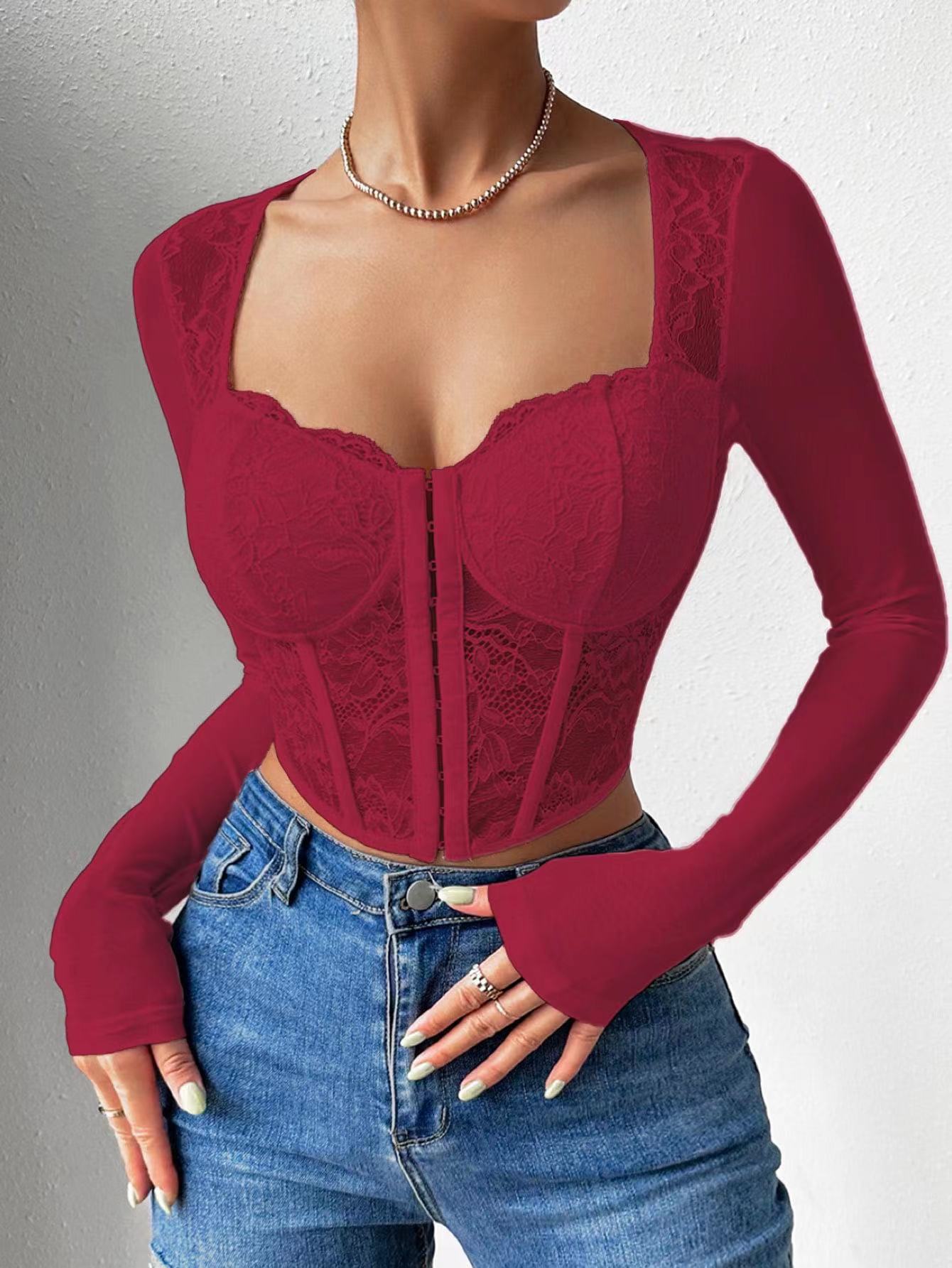 Comercio exterior transfronterizo primavera y otoño nuevo estilo sexy encaje de malla perspectiva hueso de pescado delgado cuello cuadrado camisa de manga larga image 10