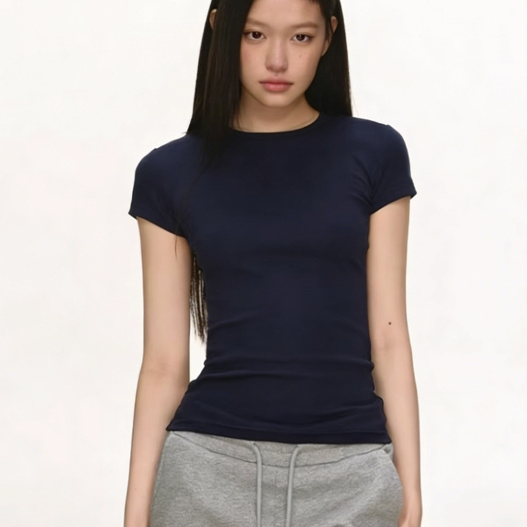 Navy Blue Round Neck Short-Sleeve T-Shirt for Women, Summer 2026 New Style, Simple Versatile Slim-Fit Flattering Top