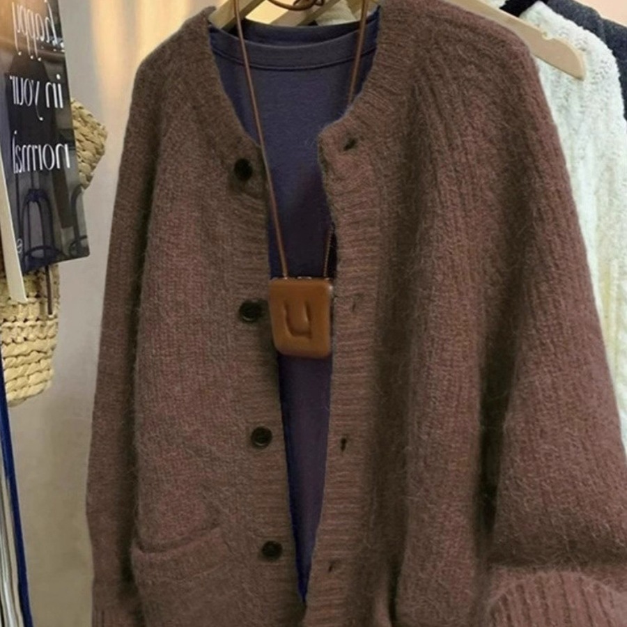 플러스 사이즈 통통녀 소프트 왁스 스웨터 니트 카디건 재킷 여성 가을 레트로 게으른 스타일 느슨한 중간 길이 최고 트렌디