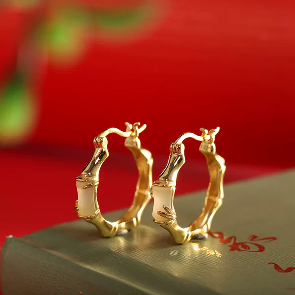 Silver s925 sterling silver gold-plated inlaid Hetian jade bamboo ear ring fashion niche simple women's ear ring