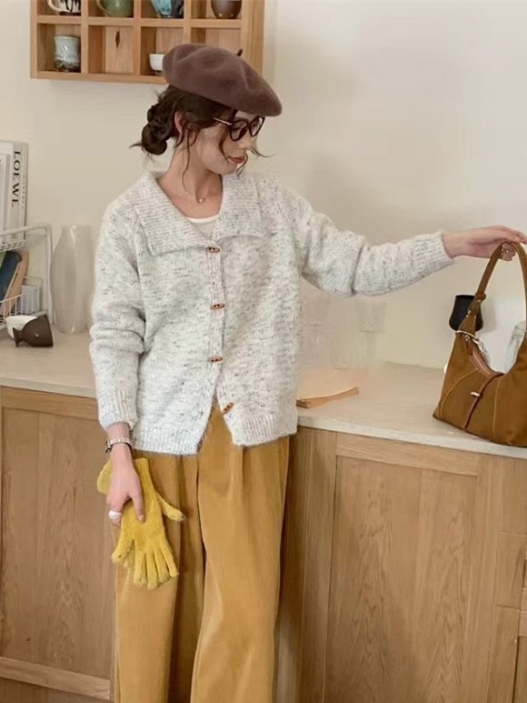复古杂线花色翻领牛角扣毛衣开衫女秋季新款宽松软糯针织外套上衣|undefined