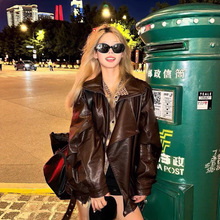 跨境亚马逊女装2025早秋新款复古港风翻领不对称设计PU皮夹克外套