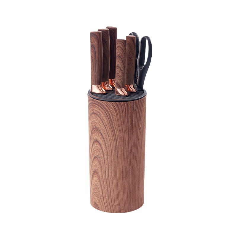 Conjunto de cuchillos antiadherente transfronterizo con patrón de diamante negro y cómodos con patrón de madera siete piezas con cuchillos de regalo cuchillo de cocina doméstico en stock