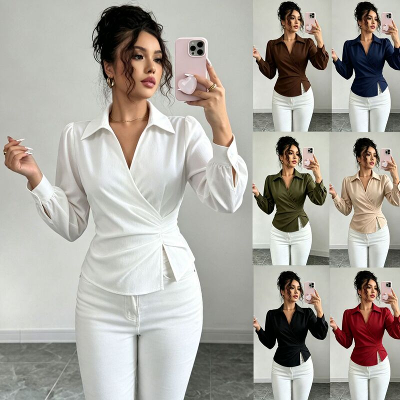 2026 Cross-Border European and American Amazon New French-Style Lapel V-Neck Cross-Wrap Waist-Tie Design Shirt