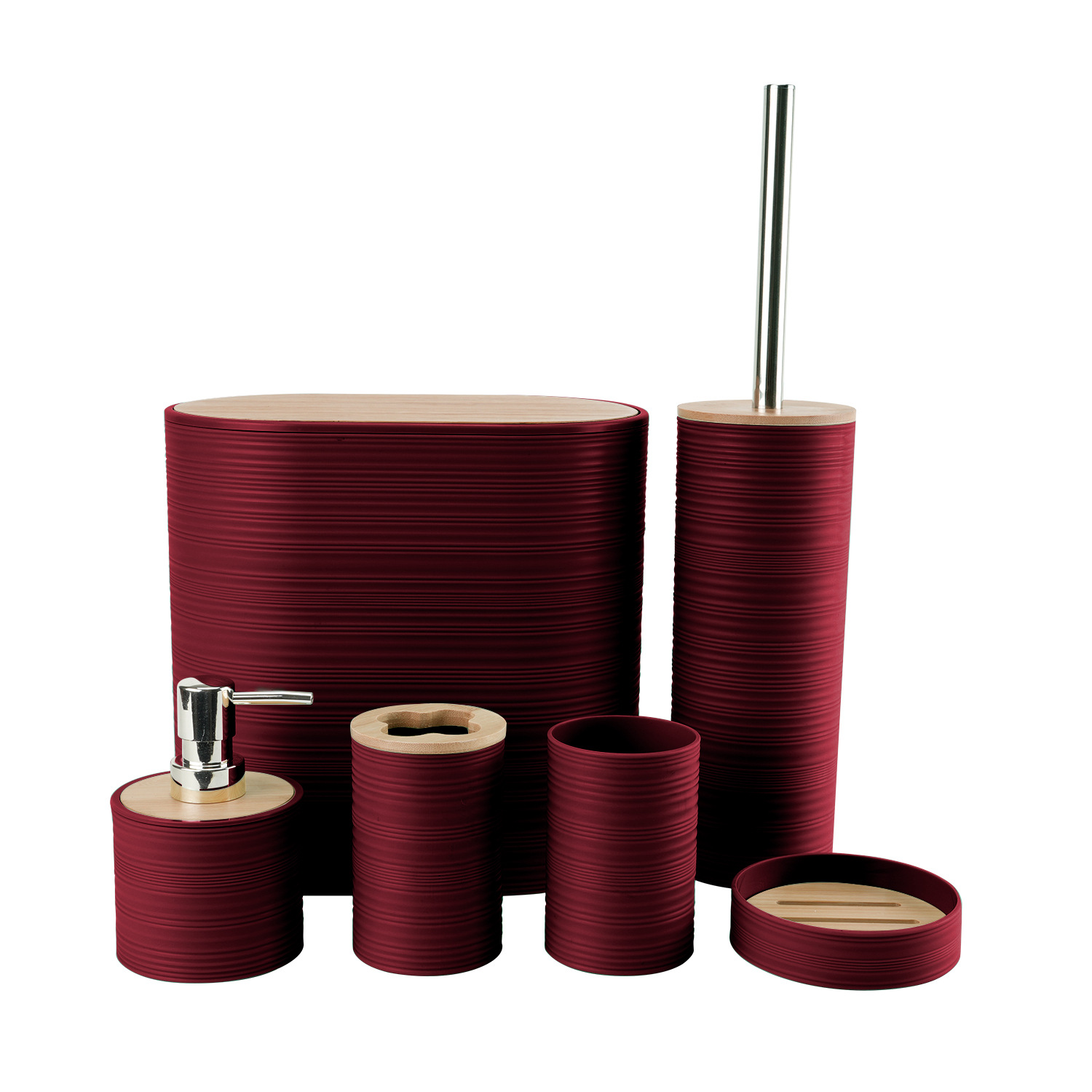 Tapa de bambú de patrón horizontal, baño, lavado de plástico, fabricante de seis piezas, almacenamiento de baño al por mayor, estante para enjuague, funda para cepillo de dientes