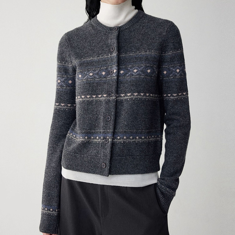 Peruvian Alpaca Wool Mixed with Sheep Wool Fair Isle Jacquard Knitted Cardigan Sweater for Women