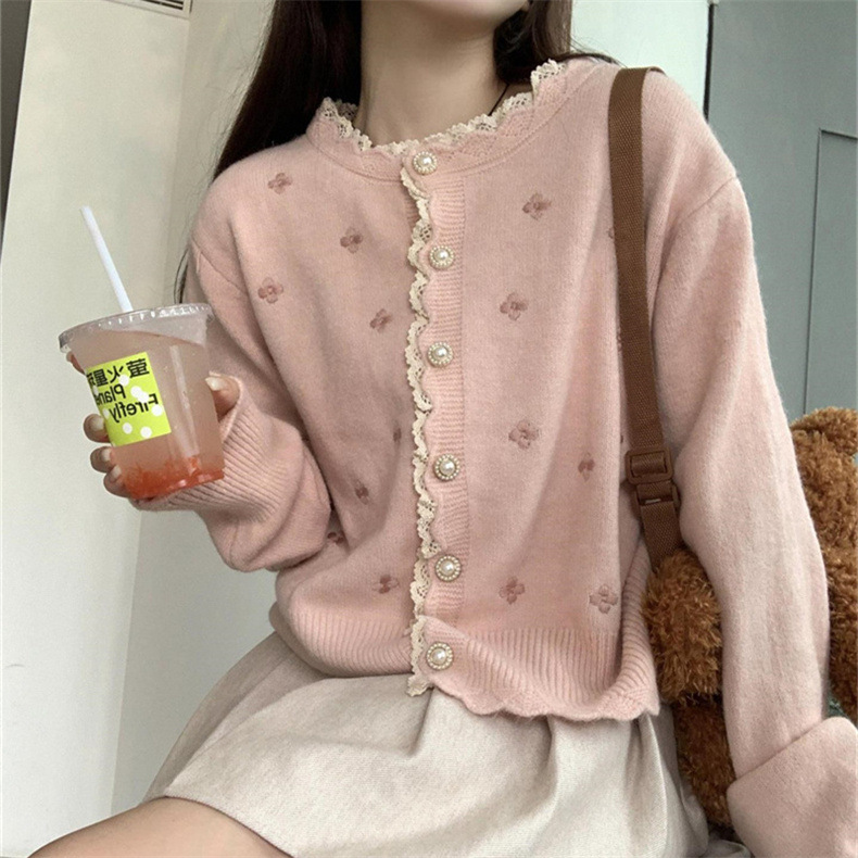 2024春秋新款拼色蕾丝拼接针织开衫女宽松设计感短毛衣外套上衣潮详情13