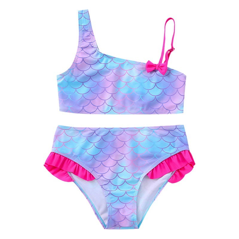 Комплект бикини с асимметричными плечами и принтом рыбьей чешуи для девочек, новый стиль, детский купальник из двух частей, детский купальник, купальный костюм.