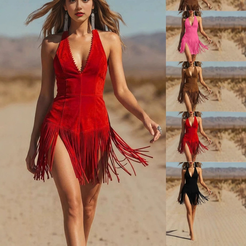 2026 Spring and Summer New Fashion Retro Western Wilderness Style Tassel Splicing Suede Vest Dress for Women