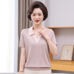 2025新型ママ夏服半袖tシャツ洋気襟氷糸ブラウス中高年女装母の日新商品