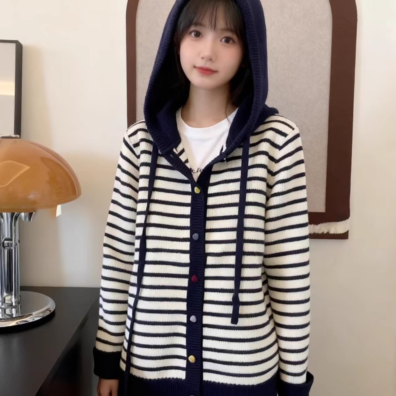 清仓尾货～专柜尾货韩系连帽条纹彩扣针织开衫女时尚百搭毛衣外套