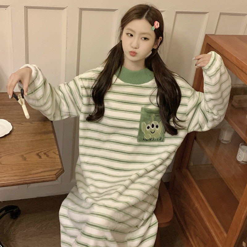 Invierno pijamas de la muchacha del camisón franela cuello redondo Jersey manga larga vestido dibujos animados lindo dulce homewear caliente