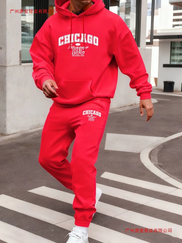 Chicago Letter Creative Print Men's Sweatshirt Set Street Jogging Sweatpants Polyester All-Match Sportswear Set