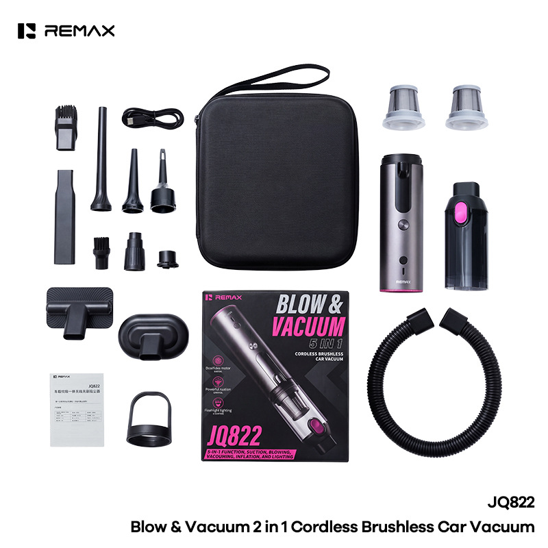 REMAX Rui Liang car-mounted, cordless, brushless vacuum cleaner with integrated blowing and suction functions, featuring a built-in light and long battery life for convenient portability