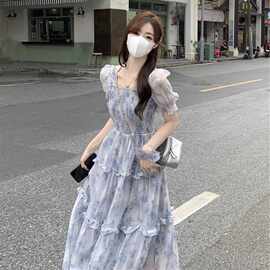 木耳边长裙子女复古方领碎花连衣裙2024夏季新款超仙森系收腰显瘦