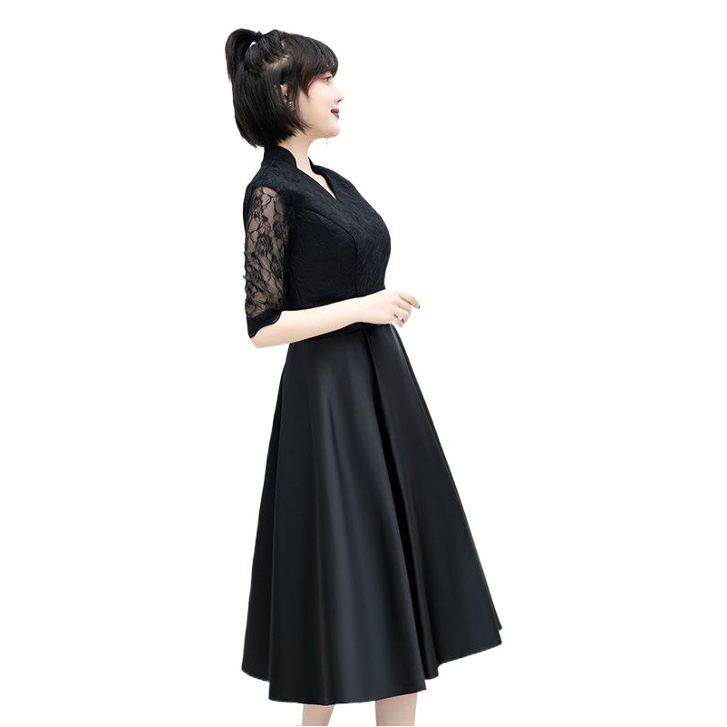 Vestido de Noche para Mujer, Estilo Banquete, 2025, Nuevo, Negro, Midi, para Estudiantes, Informal