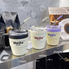 ins风创意保温不锈钢吸管玻璃杯办公室把手杯家用饮水杯马克杯