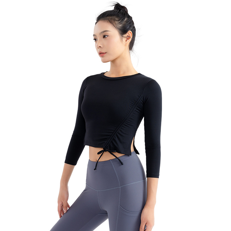 Top de yoga ropa de fitness expuesta al ombligo de las mujeres Cordón de adelgazamiento elástico alto deportes manga larga correr ropa de secado rápido ajustada casual