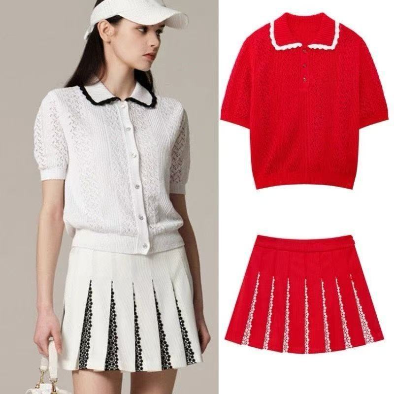 Korean Golf Clothing Women's Knitwear 26 Spring/Summer Versatile Collared Hollow-Out Short-Sleeve Top and Pleated Skirt Korean Golf Clothing Women's Knitwear 26 Spring/Summer Versatile Collared Hollow-Out Short-Sleeve Top and Pleated Skirt