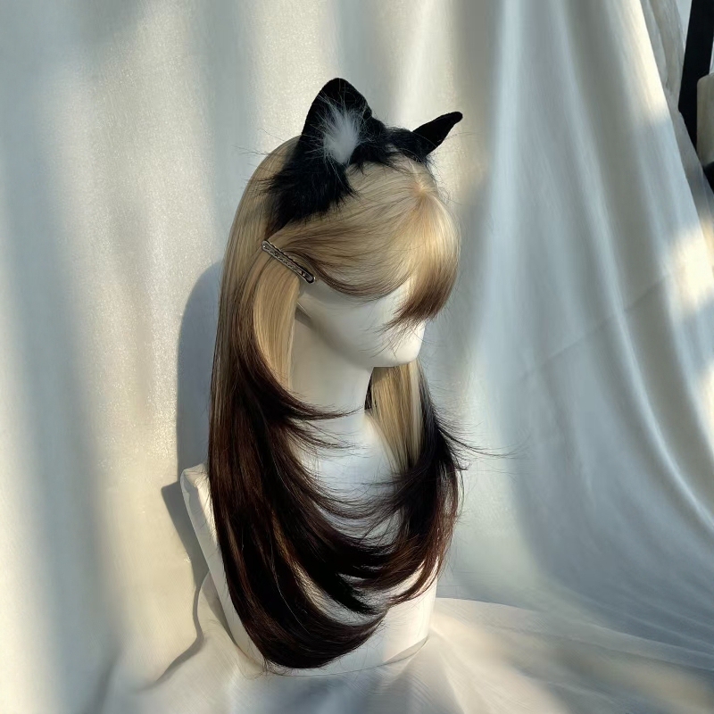Full Head Wig for Women, Gold Gradient Black Bangs, Dyed Long Straight Hair, New Siamese Cat Style, Natural Realistic Synthetic Hair Wig