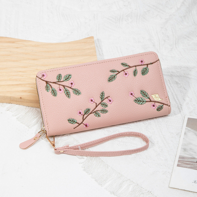 2025 nueva cartera de mujer larga cremallera bolso de mano de moda bordado bolso de cambio de cuero suave de gran capacidad