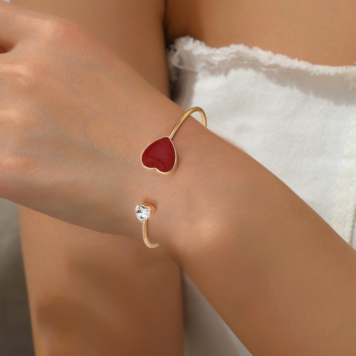 European and American Cross-Border Supply Heart-Shaped Bracelet Red Love Rhinestone Bracelet Opening Adjustable Exquisite Jewelry for Women Sweet