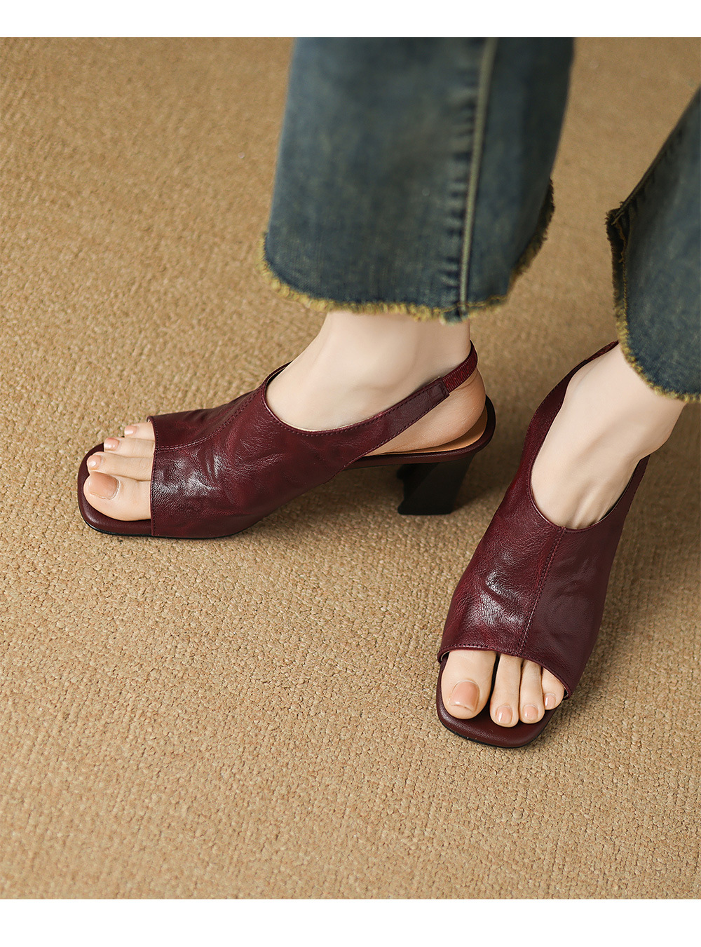 Sandal cao gót nữ hở mũi quai ngang gót vuông 7 cm mũi vuông phong cách Hàn — Đen và cao 7 cm chi tiết 2