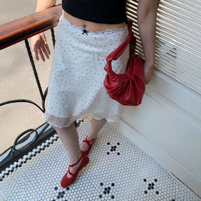 Real Shot of French Retro Polka Dot Skirt for Women, Summer Miu Style A-Line Chiffon Plaid White Skirt