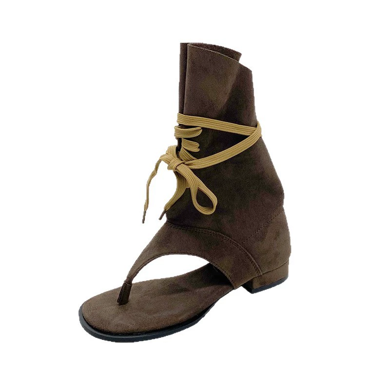 2025 summer new style flip-toe Maillard sandals for women, strappy retro western boots, pleated Roman herringbone sandals