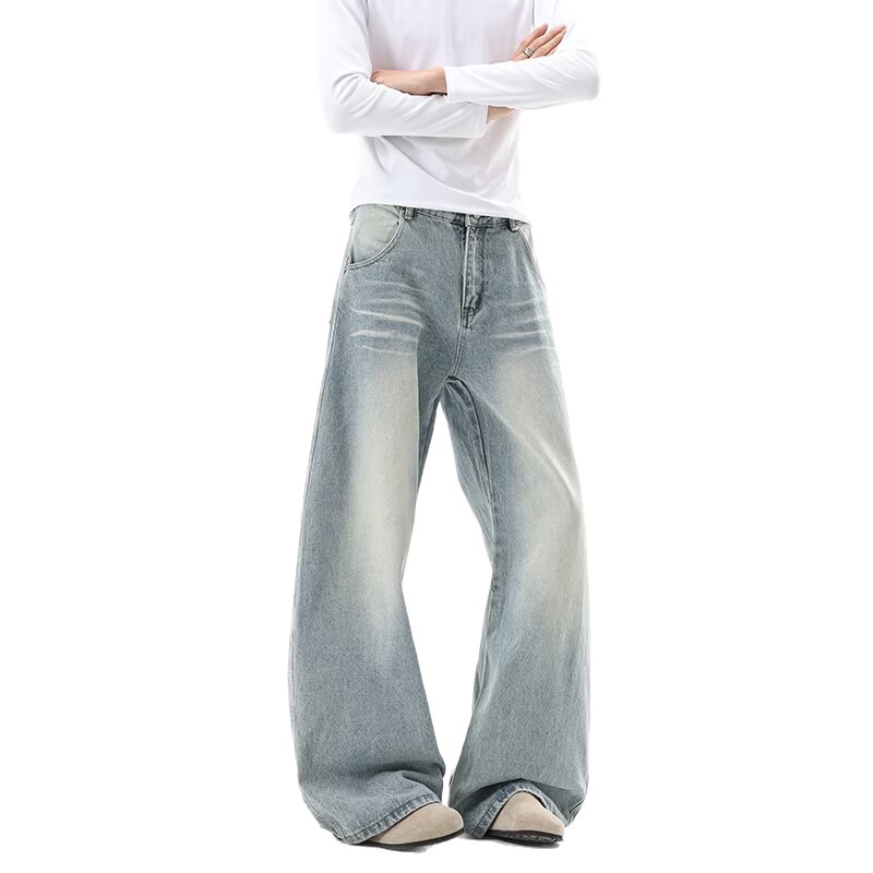 Vintage Washed Straight Leg Jeans For Men And Women, Comfort Fit Denim Trousers With Classic Whiskering, Retro High-Street Style_viptrois.com