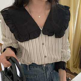韩国2024春秋季复古翻领风琴拼接宽松泡泡袖撞色条纹衬衫上衣女