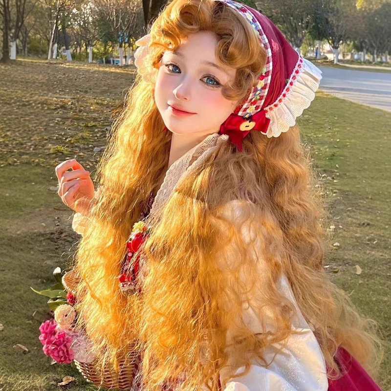 Princess Diary-Wig Female Golden Brown French Fluffy Wool Curl Lolita Wig Gorgeous Retro Full Headgear