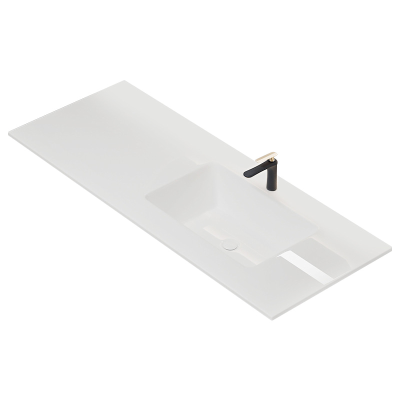 Lavabo de borde fino brillante, lavabo individual, lavabo integrado de cerámica, lavabo con sensación de piel, las esquinas del lavabo sobre encimera del baño se pueden cortar