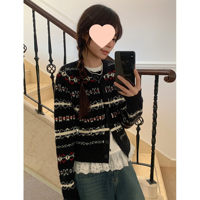 黑色费尔岛穿搭氛围感长袖针织女2025春季新款设计感提花开衫外套|undefined