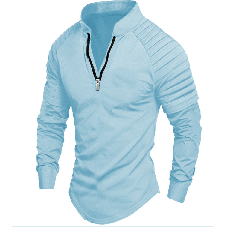 Men's Long Sleeve Polo Shirt With Arm Pleats And Zipper Casual_voghion.com