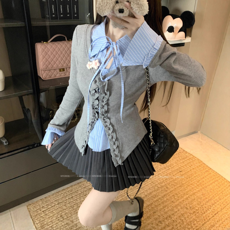 早秋新款法式复古气质小个子减龄假两件长袖拼接衬衫百褶裙两件套|undefined