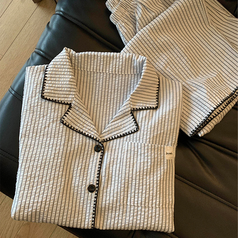 大码春秋季睡衣女士云朵棉韩版甜美风条纹长袖开衫套装休闲家居服